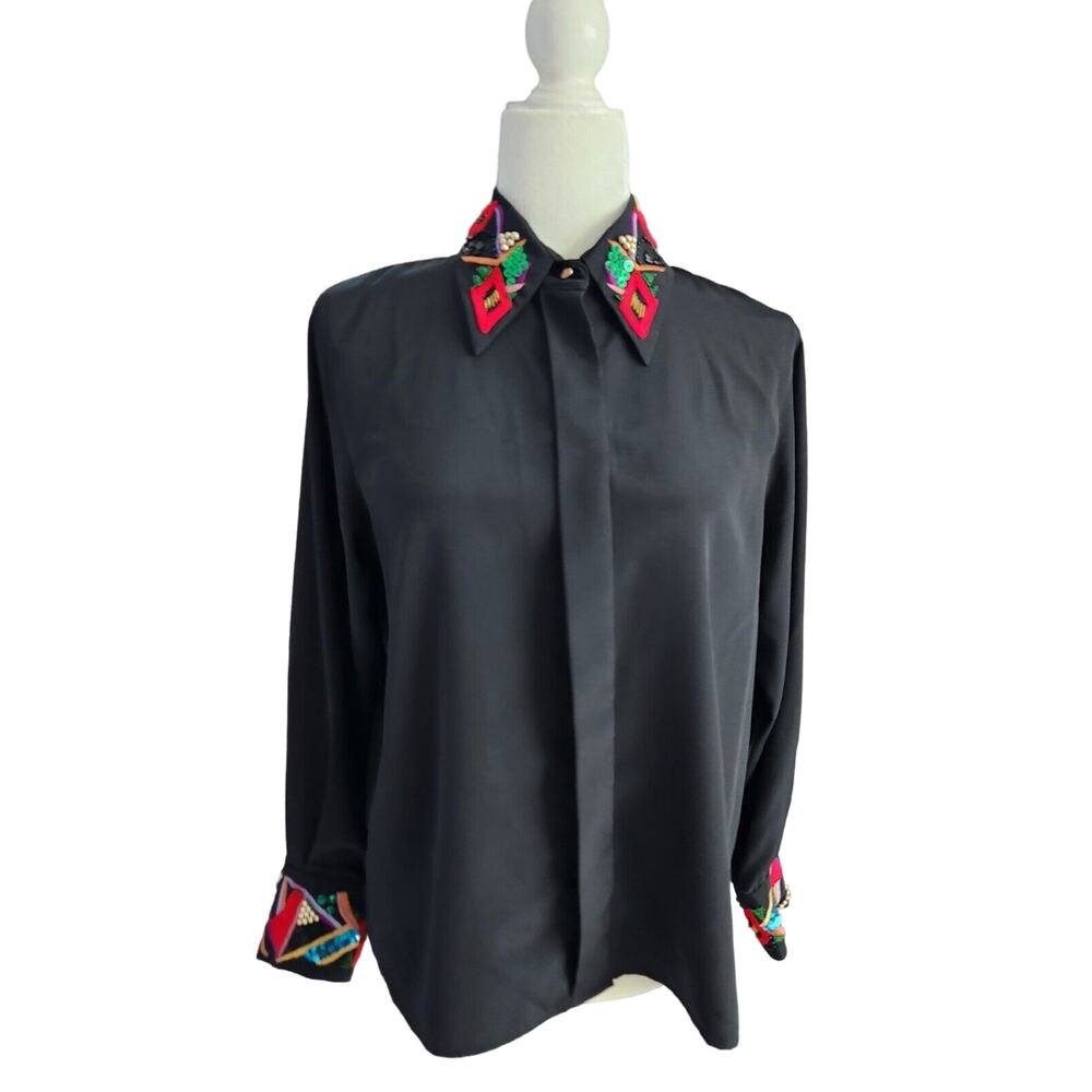VTG Yves Saint Clair Petites 10 beaded Sequins colorful blouse shirt button